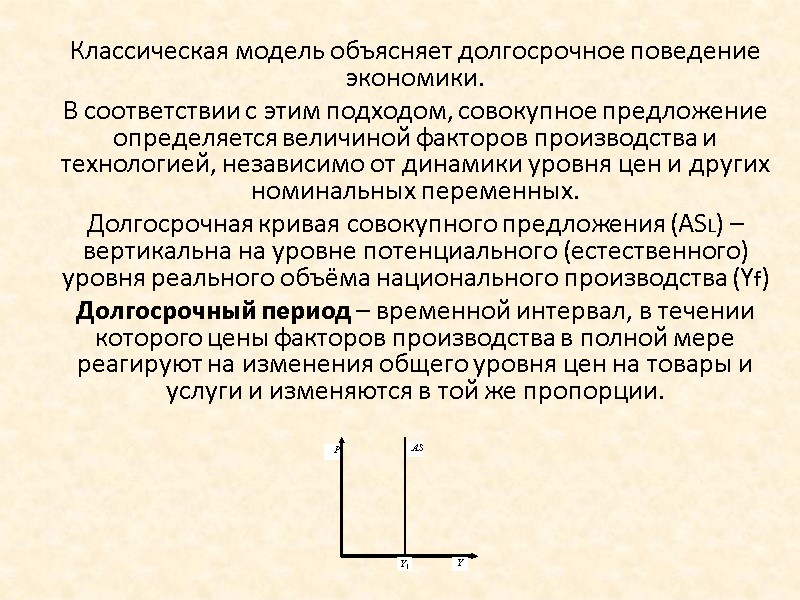 Классическая модель объясняет долгосрочное поведение экономики. В соответствии с этим подходом, совокупное предложение Классическая модель объясняет долгосрочное поведение экономики. В соответствии с этим подходом, совокупное предложение